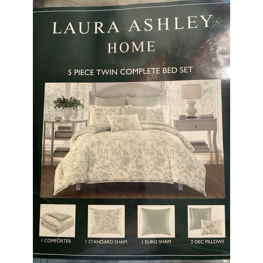 Laura Ashley Home  Lindy 5-Piece Green Floral Cotton Twin 2-Sided Comforter Set